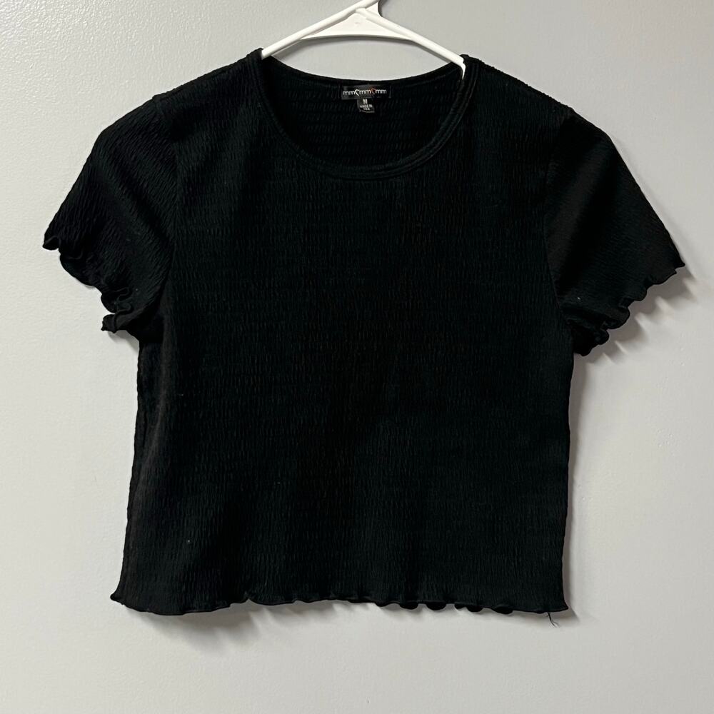 black ribbed lettuce edge short sleeve t‎ shirt med stretch round neck